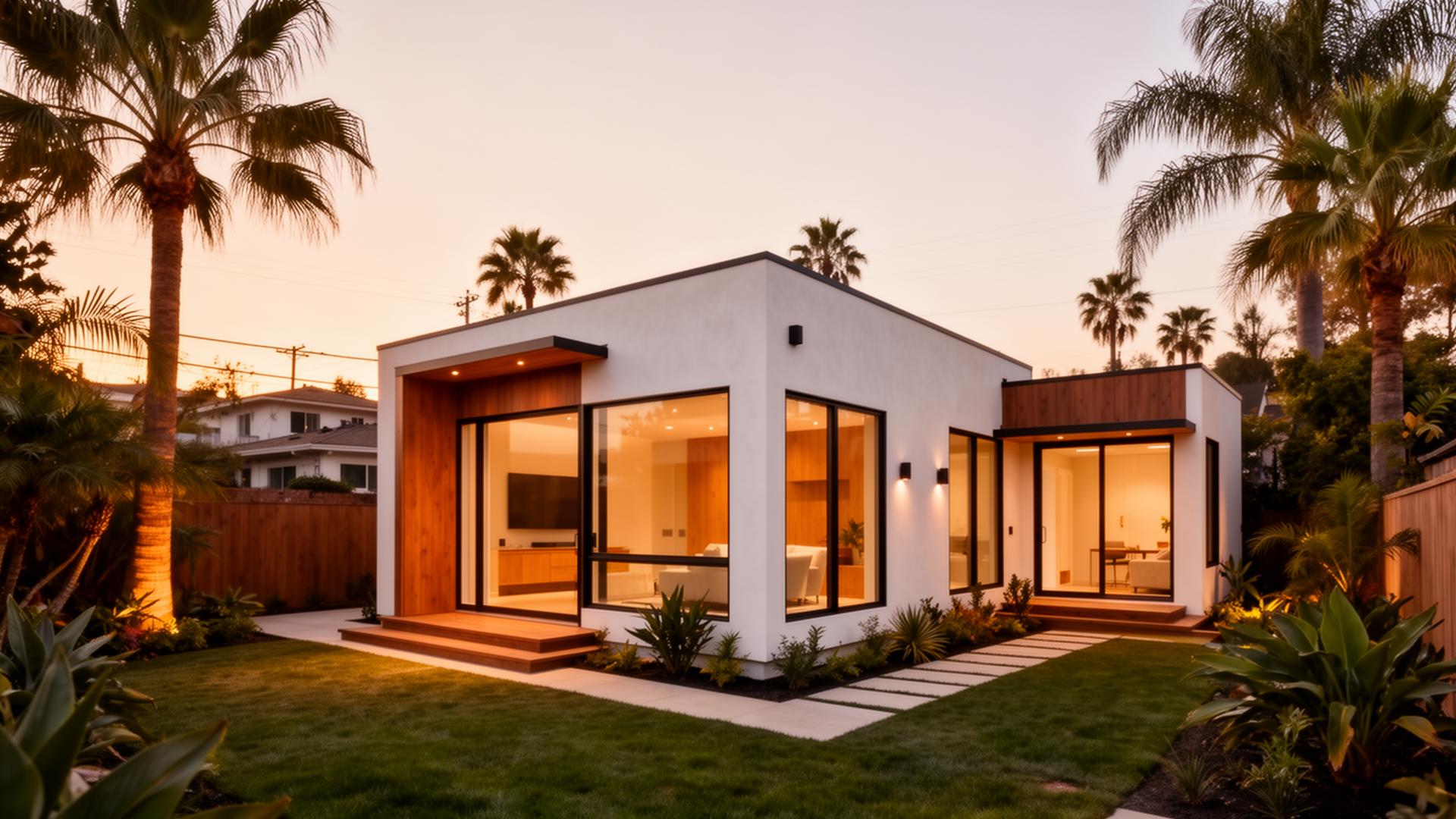 Modern ADU in Los Angeles backyard at golden hour